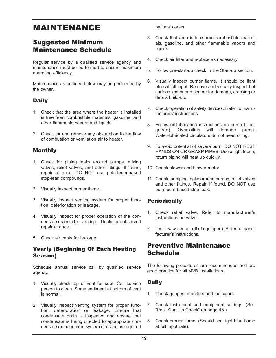 Maintenance, Suggested minimum maintenance schedule, Preventive maintenance schedule | Raypak MVB 5042004 User Manual | Page 49 / 56
