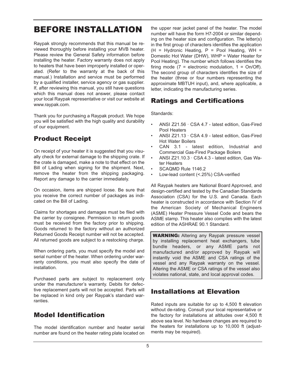 Before installation, Product receipt, Model identification | Ratings and certifications, Installations at elevation | Raypak MVB 5042004 User Manual | Page 5 / 56