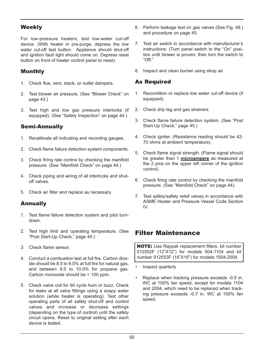 Filter maintenance | Raypak MVB 5042004 User Manual | Page 50 / 56