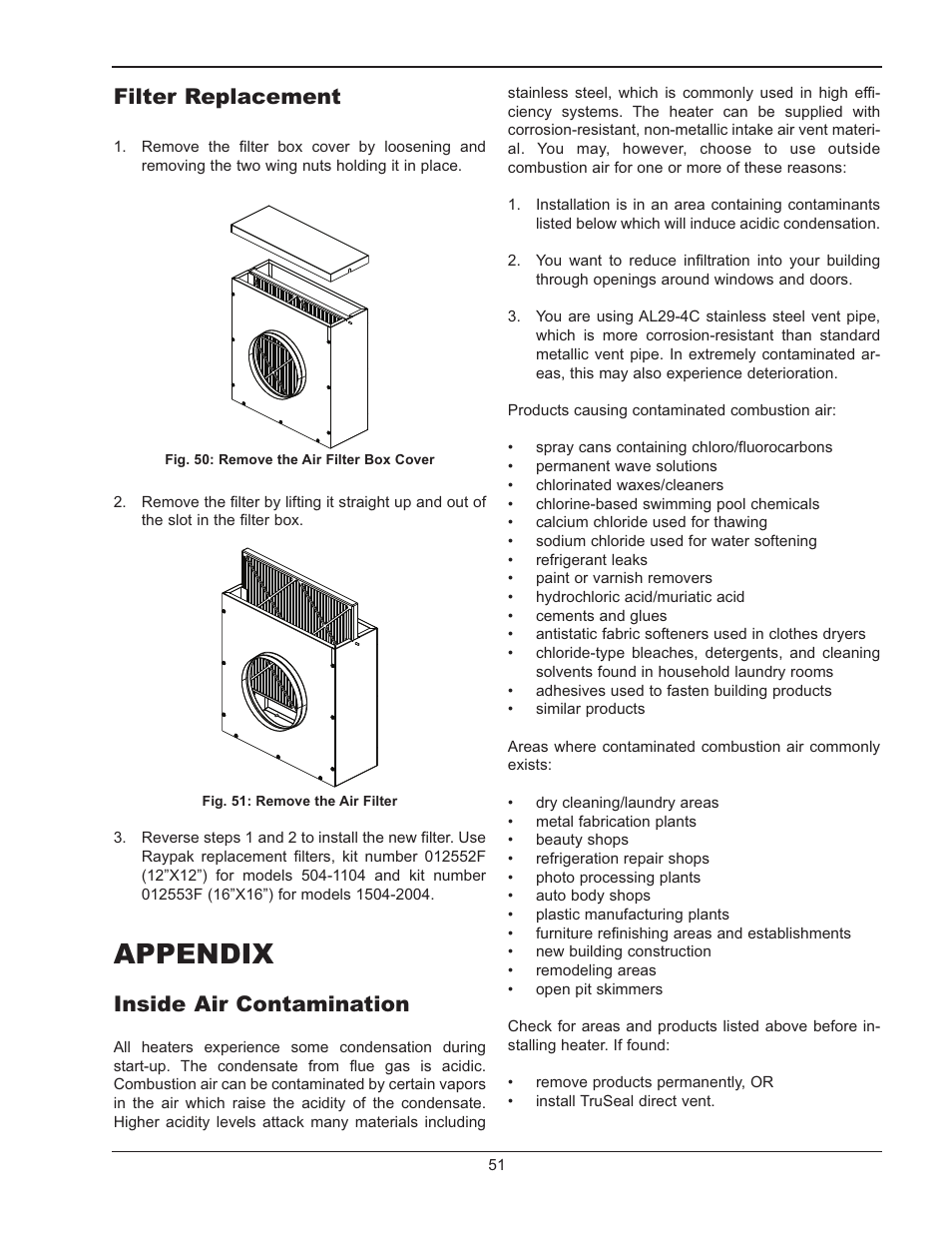 Appendix, Filter replacement, Inside air contamination | Raypak MVB 5042004 User Manual | Page 51 / 56