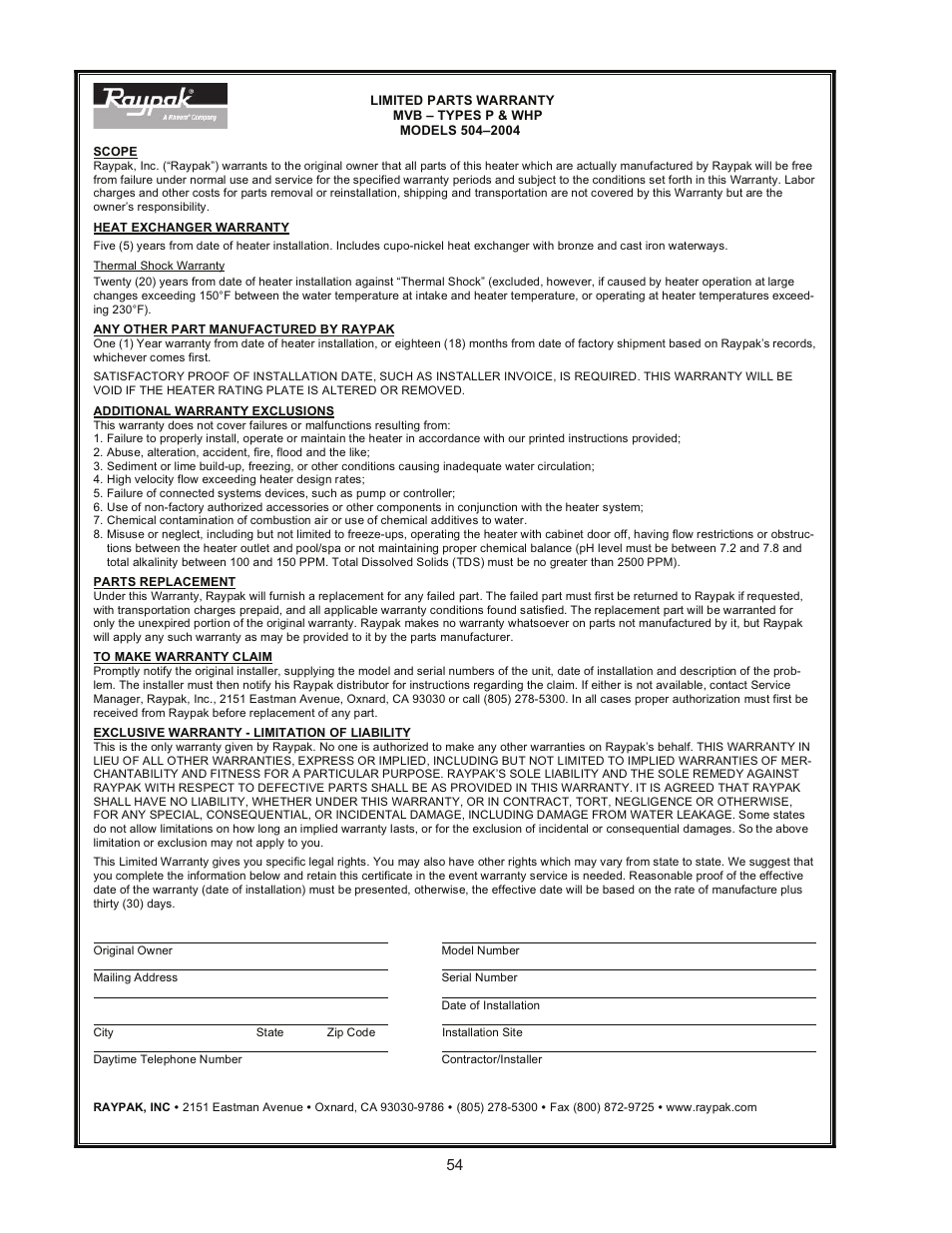 Raypak MVB 5042004 User Manual | Page 54 / 56