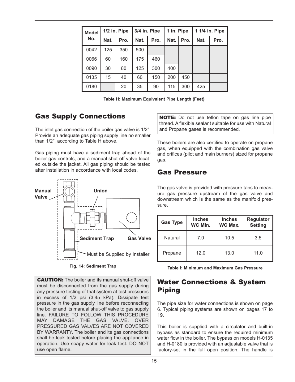 Gas supply connections, Gas pressure, Water connections & system piping | Raypak RAYTHERM 0135B User Manual | Page 15 / 40