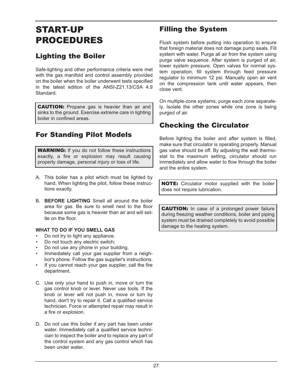 Start-up procedures, Lighting the boiler, For standing pilot models | Filling the system, Checking the circulator | Raypak RAYTHERM 0135B User Manual | Page 27 / 40