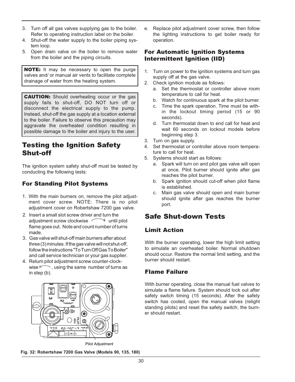 Testing the ignition safety shut-off, Safe shut-down tests, For standing pilot systems | Limit action, Flame failure | Raypak RAYTHERM 0135B User Manual | Page 30 / 40