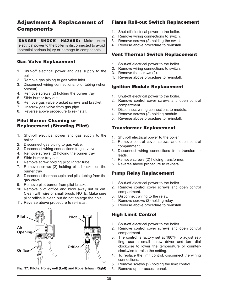 Adjustment & replacement of components | Raypak RAYTHERM 0135B User Manual | Page 36 / 40