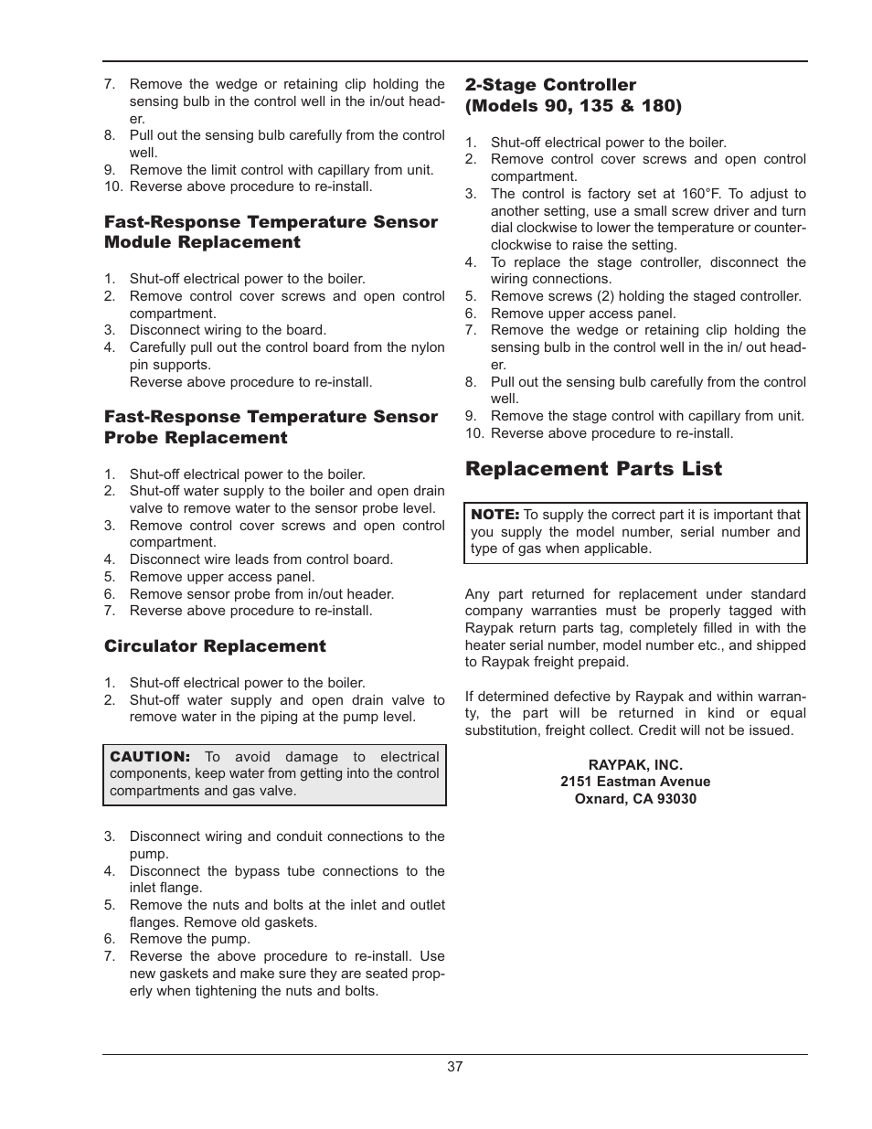 Replacement parts list | Raypak RAYTHERM 0135B User Manual | Page 37 / 40