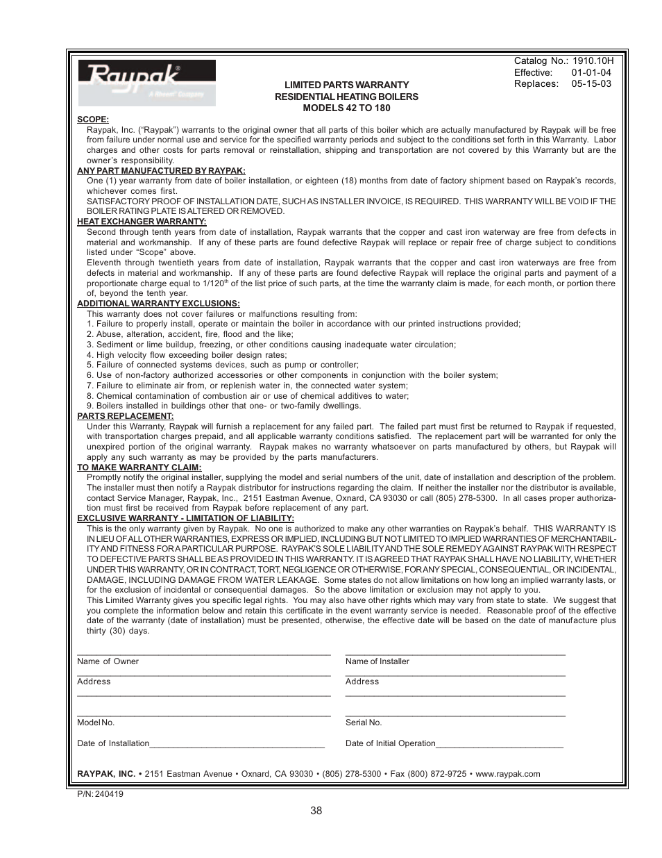 Start-up procedur, Start-up procedures | Raypak RAYTHERM 0135B User Manual | Page 38 / 40