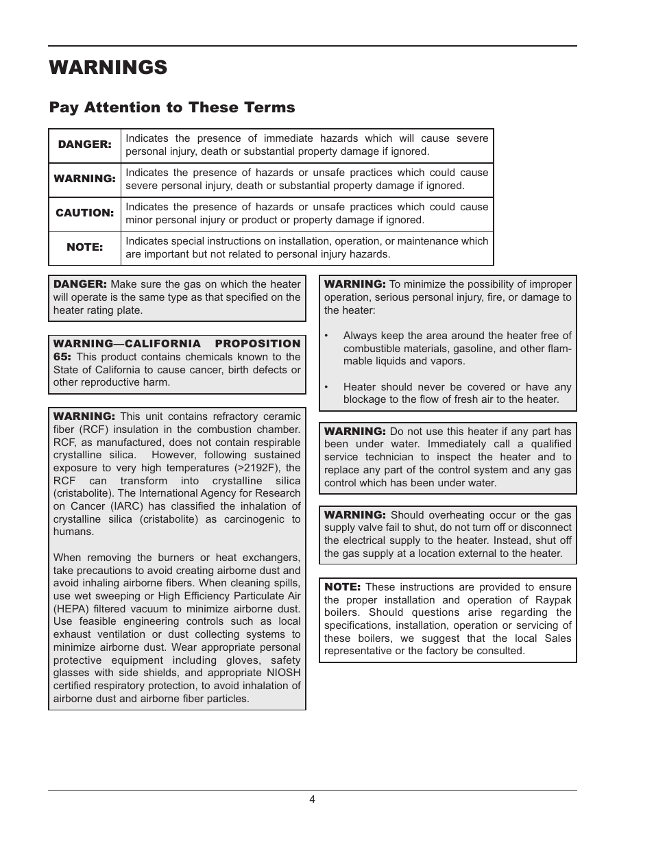 Warnings, Pay attention to these terms | Raypak RAYTHERM 0135B User Manual | Page 4 / 40