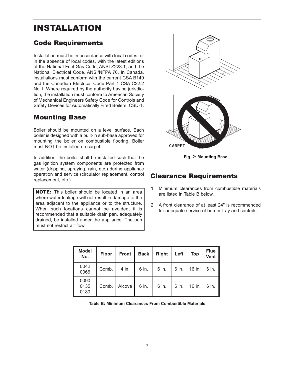 Installation, Code requirements, Mounting base | Clearance requirements | Raypak RAYTHERM 0135B User Manual | Page 7 / 40