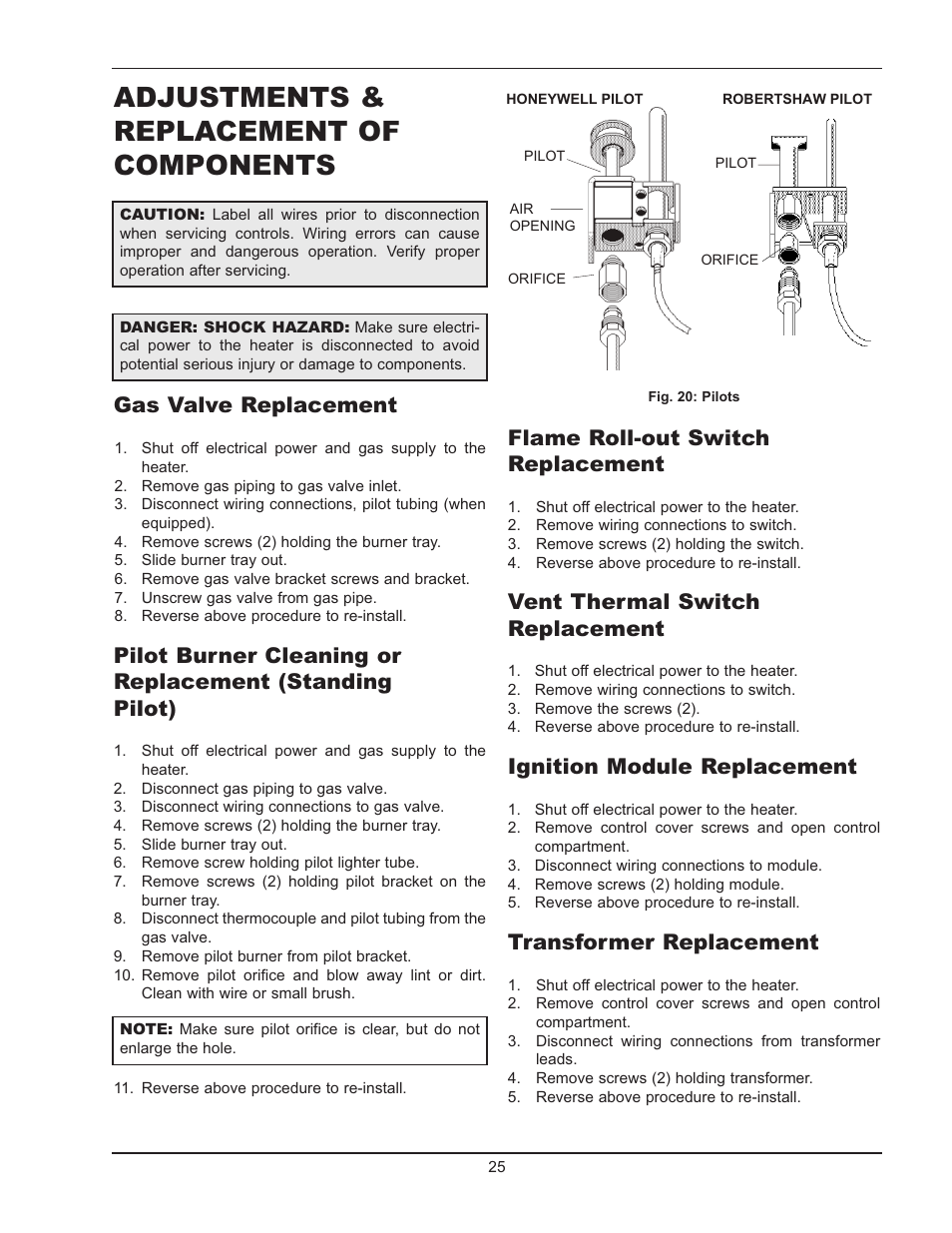 Adjustments & replacement of components, Gas valve replacement, Flame roll-out switch replacement | Vent thermal switch replacement, Ignition module replacement, Transformer replacement | Raypak WH 0195A User Manual | Page 25 / 28