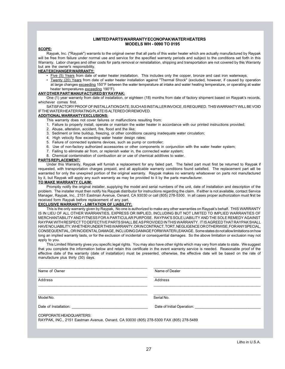 Raypak WH 0195A User Manual | Page 27 / 28