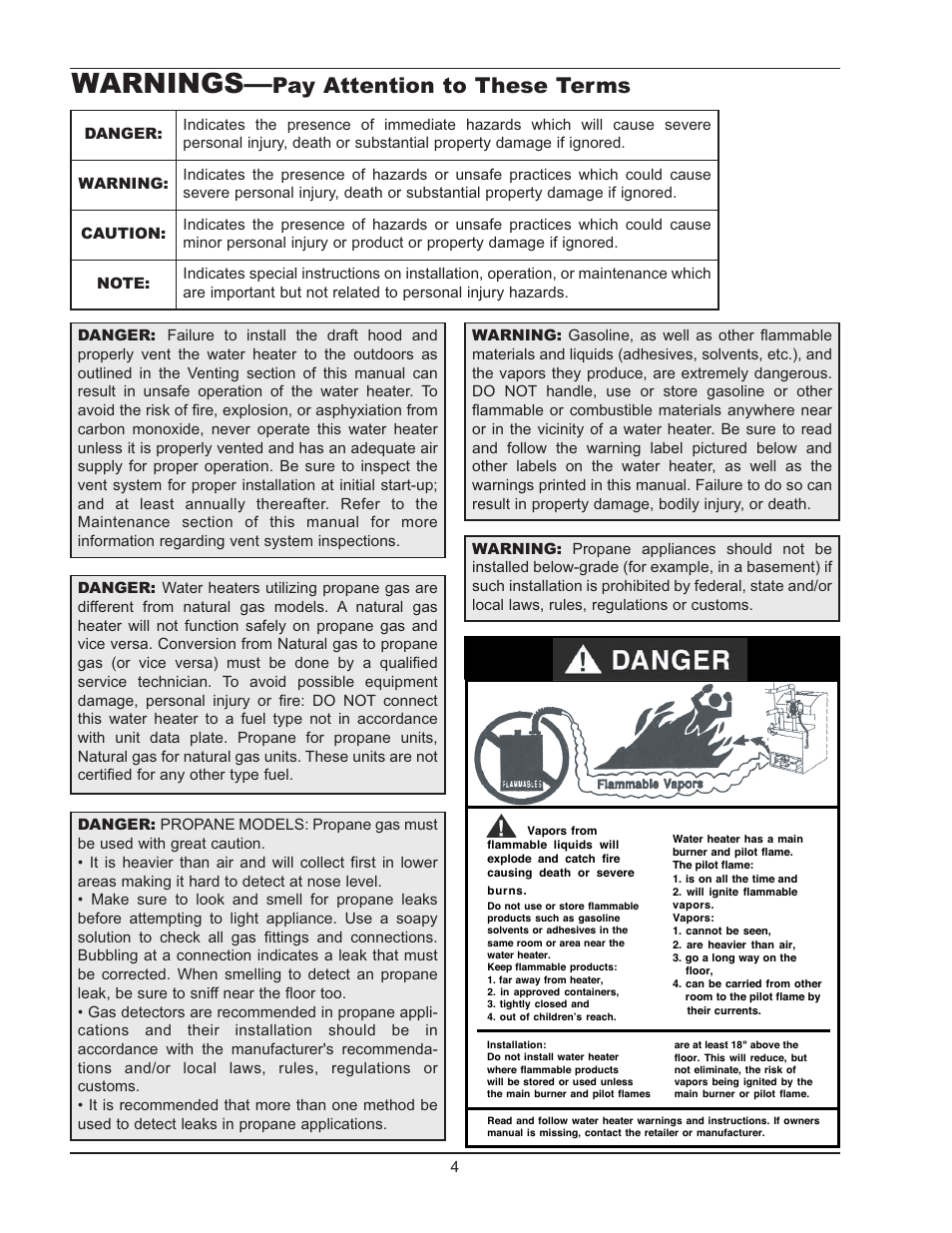 Warnings, Pay attention to these terms | Raypak WH 0195A User Manual | Page 4 / 28