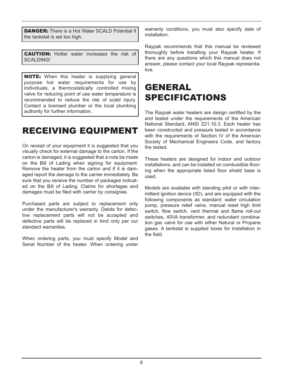 Receiving equipment, General specifications | Raypak WH 0195A User Manual | Page 6 / 28