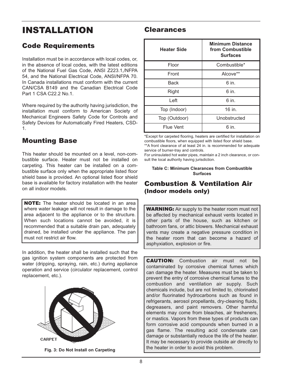 Installation, Code requirements, Mounting base | Clearances combustion & ventilation air | Raypak WH 0195A User Manual | Page 8 / 28