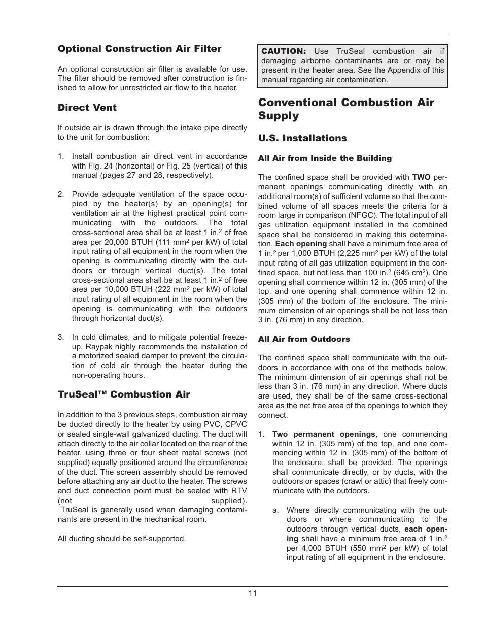 Conventional combustion air supply, Optional construction air filter, Direct vent | Truseal™ combustion air, U.s. installations | Raypak 503-2003 User Manual | Page 11 / 60