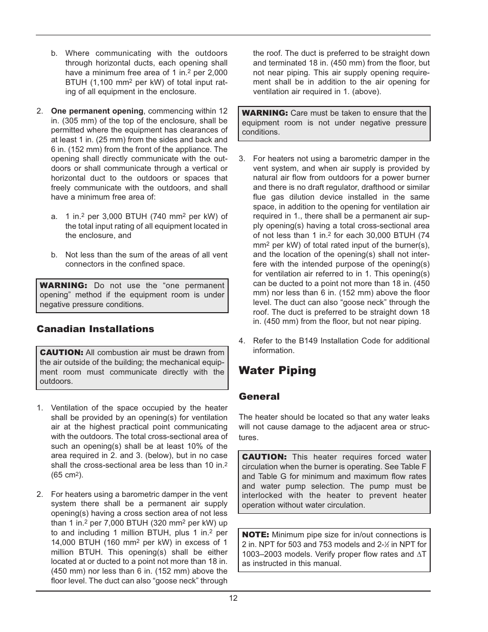 Water piping, Canadian installations, General | Raypak 503-2003 User Manual | Page 12 / 60