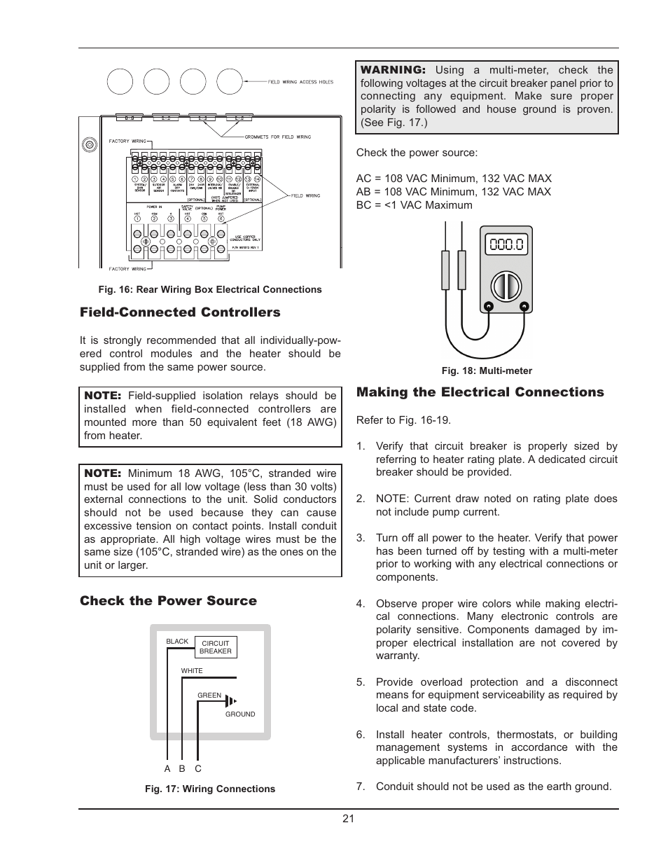 Making the electrical connections, Field-connected controllers, Check the power source | Raypak 503-2003 User Manual | Page 21 / 60
