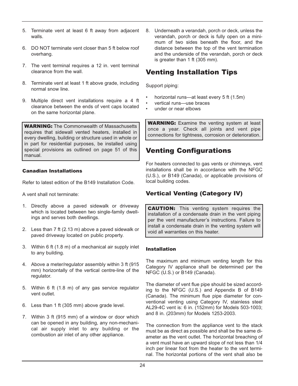 Venting installation tips, Venting configurations | Raypak 503-2003 User Manual | Page 24 / 60