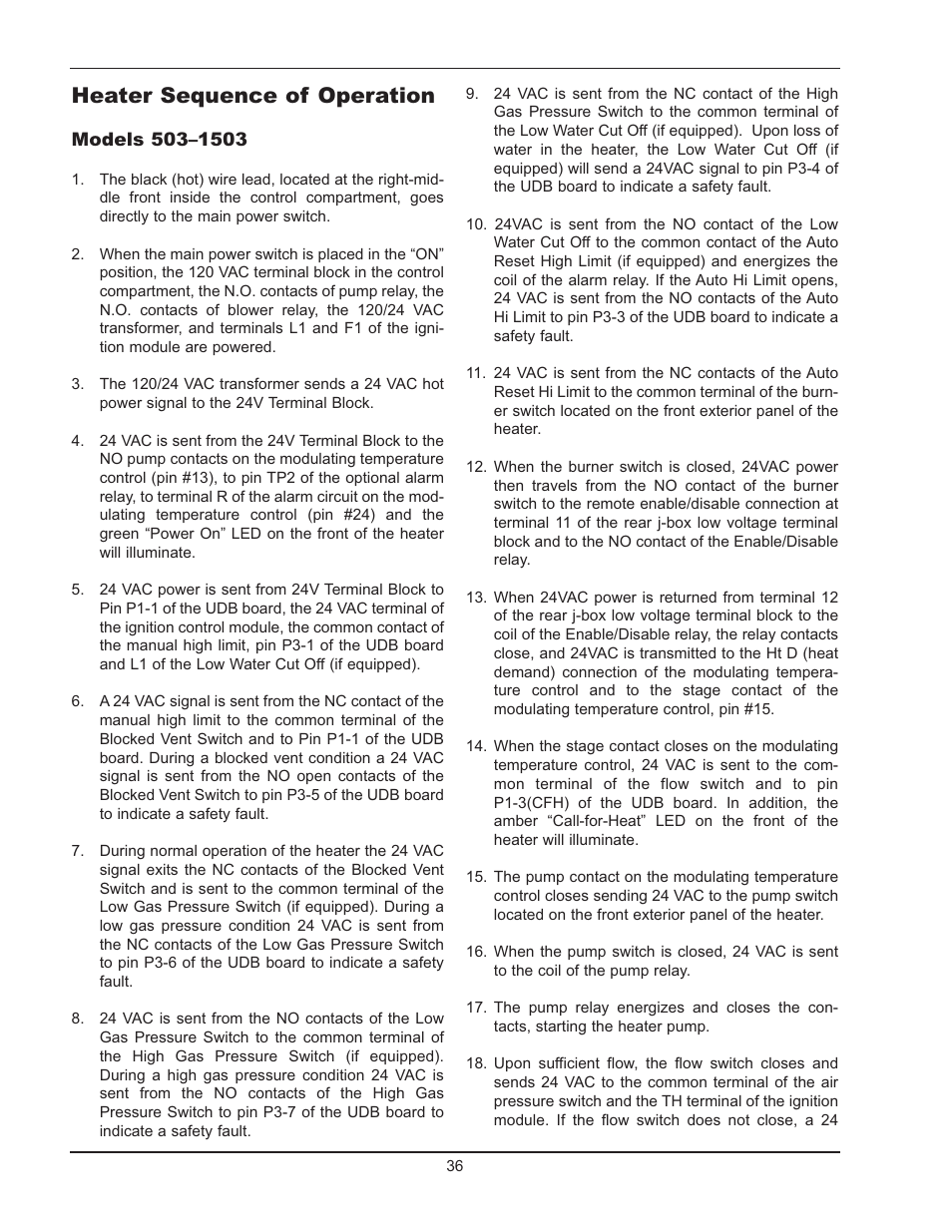 Heater sequence of operation | Raypak 503-2003 User Manual | Page 36 / 60