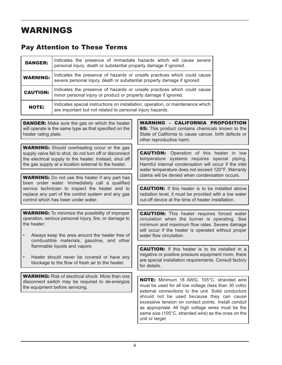 Warnings, Pay attention to these terms | Raypak 503-2003 User Manual | Page 4 / 60