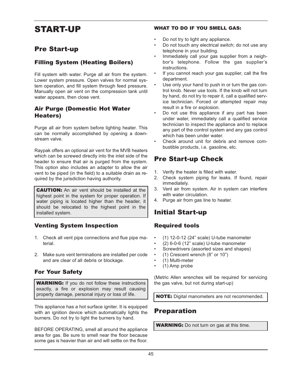 Start-up, Pre start-up, Pre start-up check | Initial start-up, Preparation | Raypak 503-2003 User Manual | Page 45 / 60