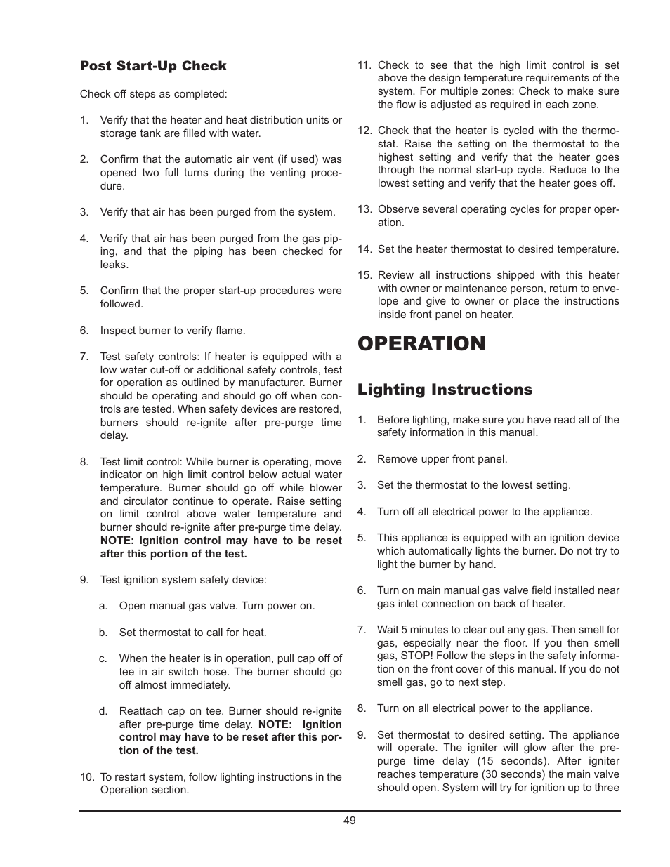 Operation, Lighting instructions | Raypak 503-2003 User Manual | Page 49 / 60