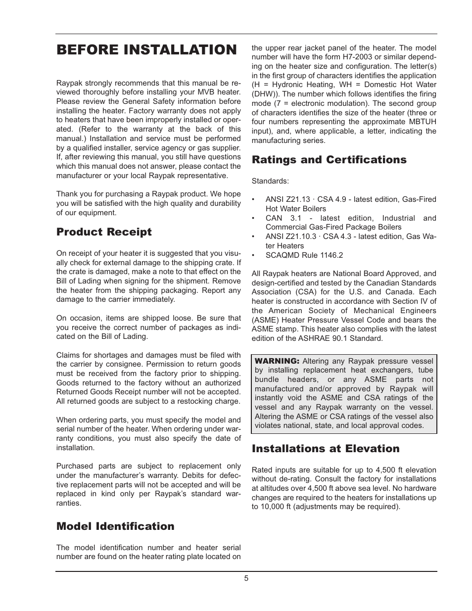 Before installation, Product receipt, Model identification | Ratings and certifications, Installations at elevation | Raypak 503-2003 User Manual | Page 5 / 60