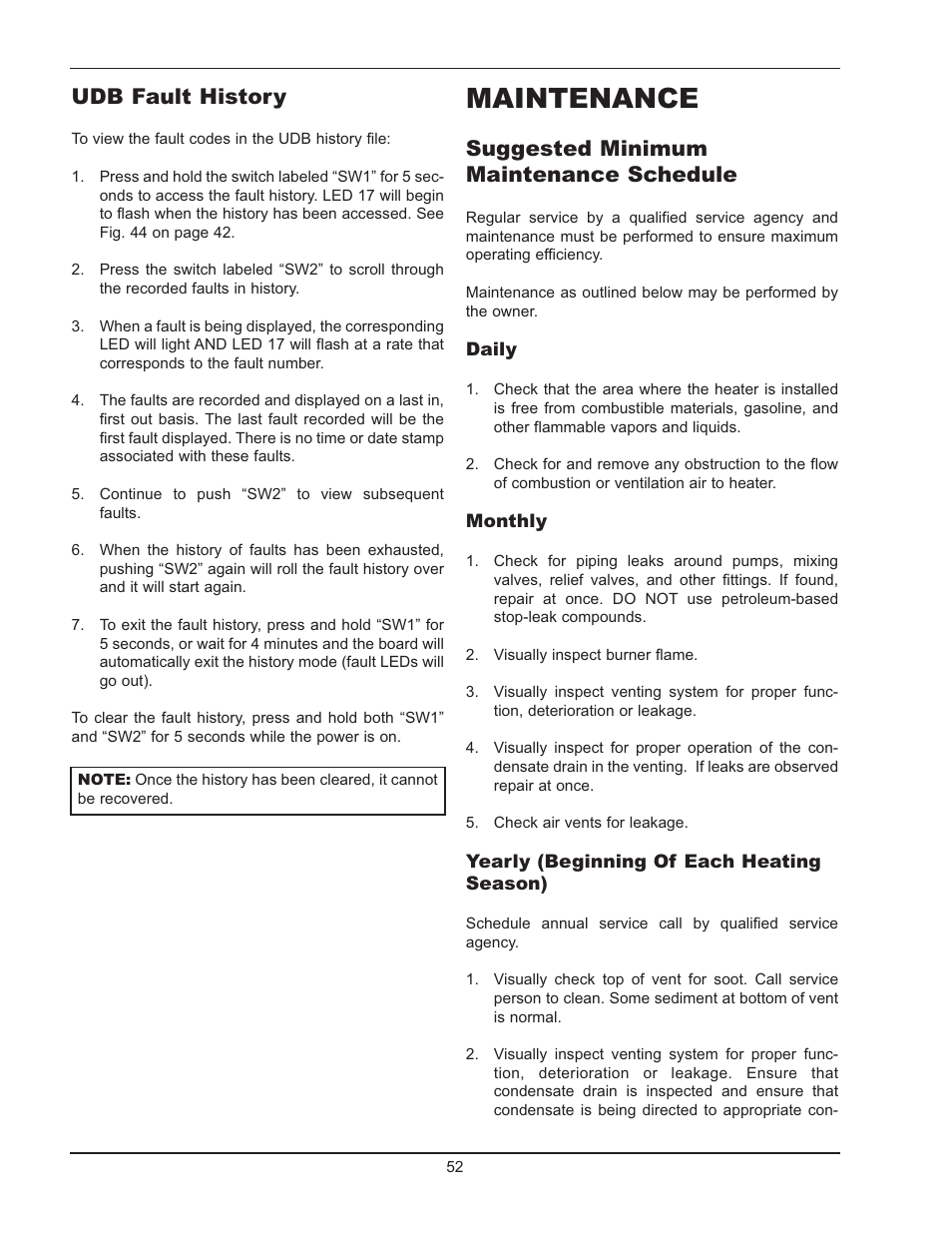 Maintenance, Udb fault history, Suggested minimum maintenance schedule | Raypak 503-2003 User Manual | Page 52 / 60