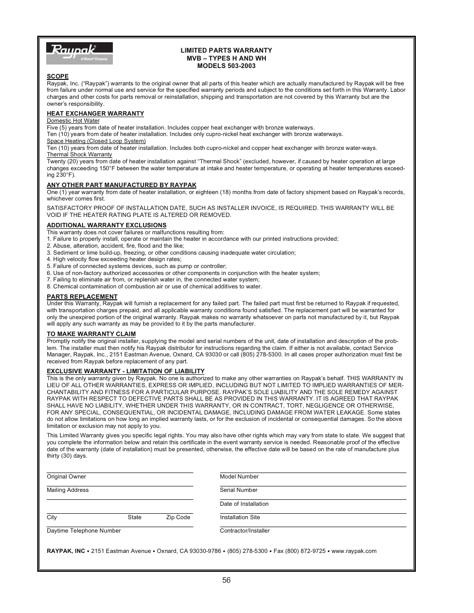 Raypak 503-2003 User Manual | Page 56 / 60