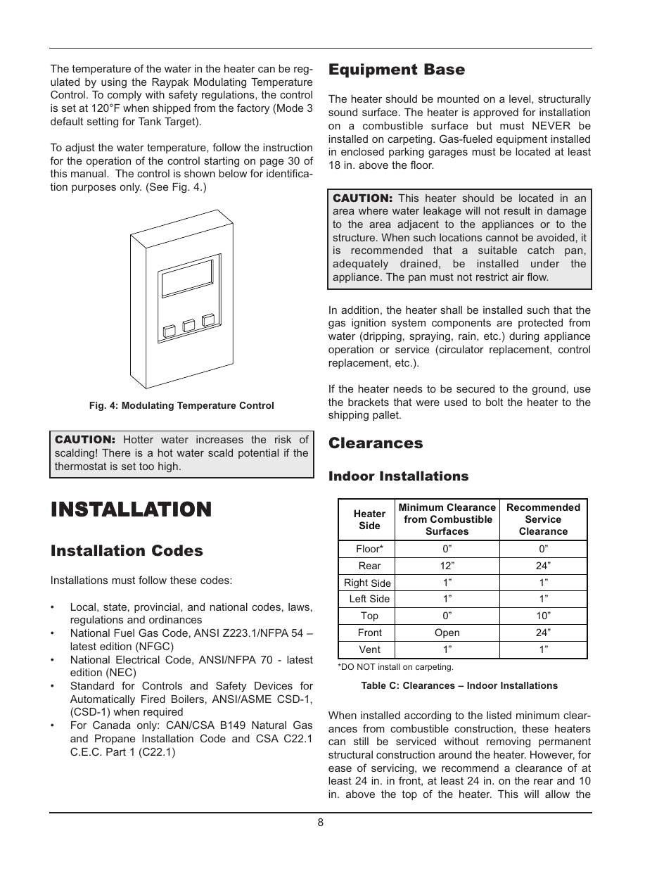 Installation, Equipment base, Clearances | Installation codes | Raypak 503-2003 User Manual | Page 8 / 60