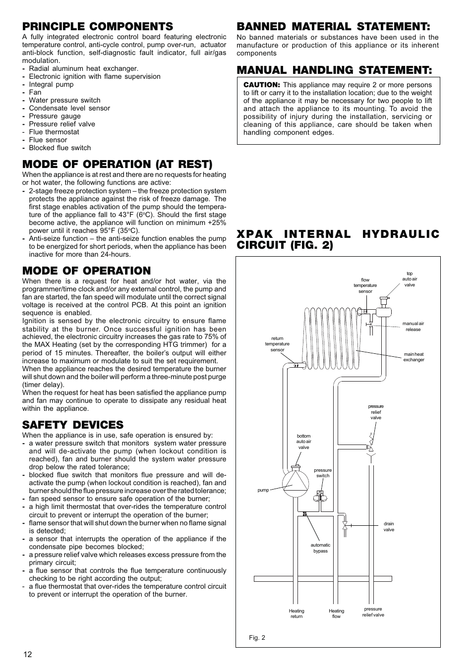 Banned material statement, Manual handling statement, Principle components | Mode of operation (at rest), Mode of operation, Safety devices | Raypak XPAK 85 User Manual | Page 12 / 68