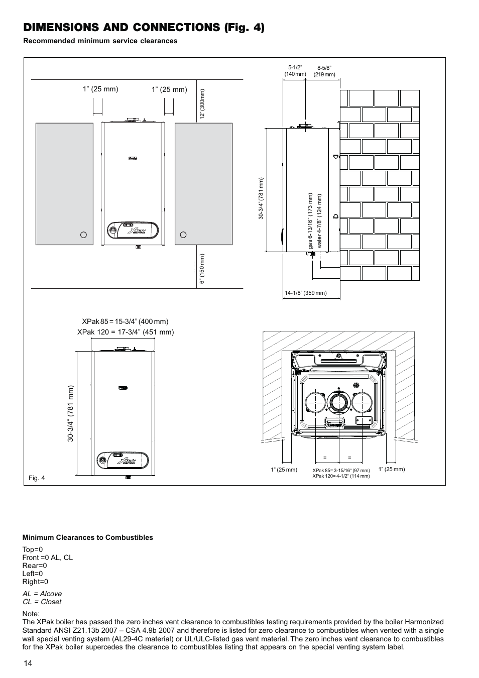 Dimensions and connections (fig. 4) | Raypak XPAK 85 User Manual | Page 14 / 68