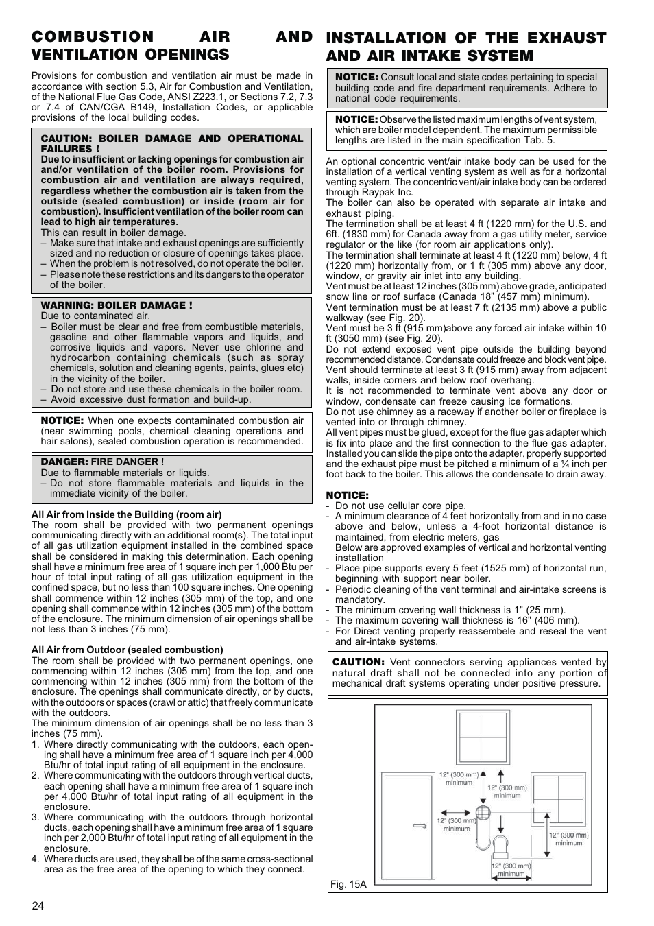 Combustion air and ventilation openings, Installation of the exhaust and air intake system | Raypak XPAK 85 User Manual | Page 24 / 68