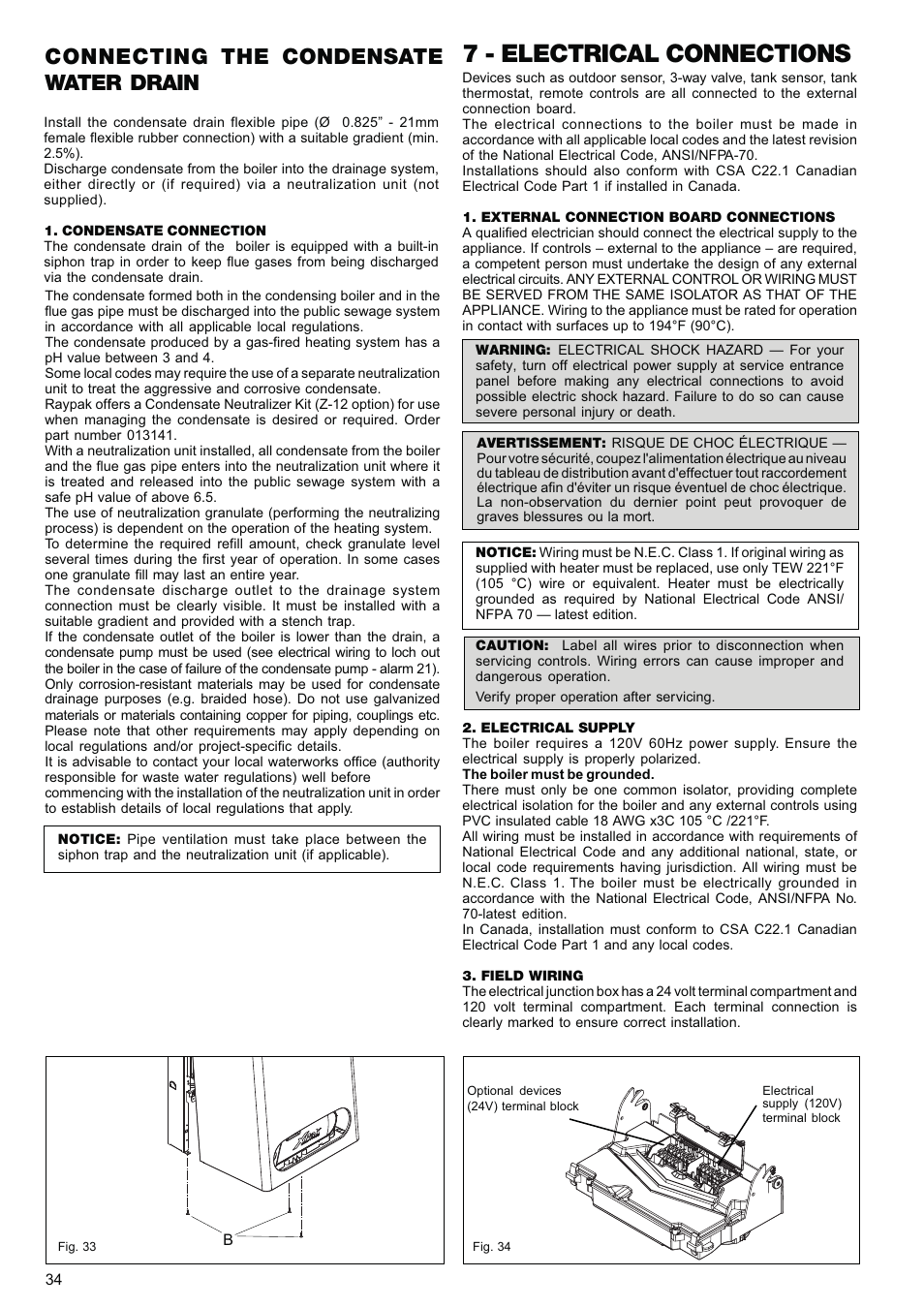 7 - electrical connections, Connecting the condensate water drain | Raypak XPAK 85 User Manual | Page 34 / 68