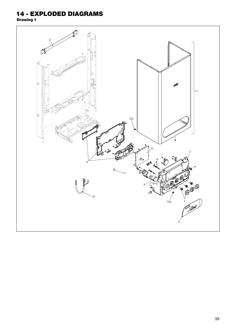 14 - exploded diagrams, Drawing 1 | Raypak XPAK 85 User Manual | Page 59 / 68