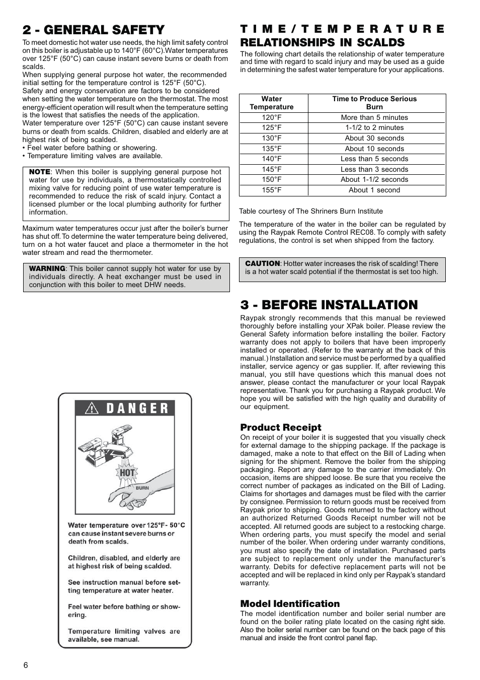 3 - before installation, 2 - general safety, Product receipt | Model identification | Raypak XPAK 85 User Manual | Page 6 / 68