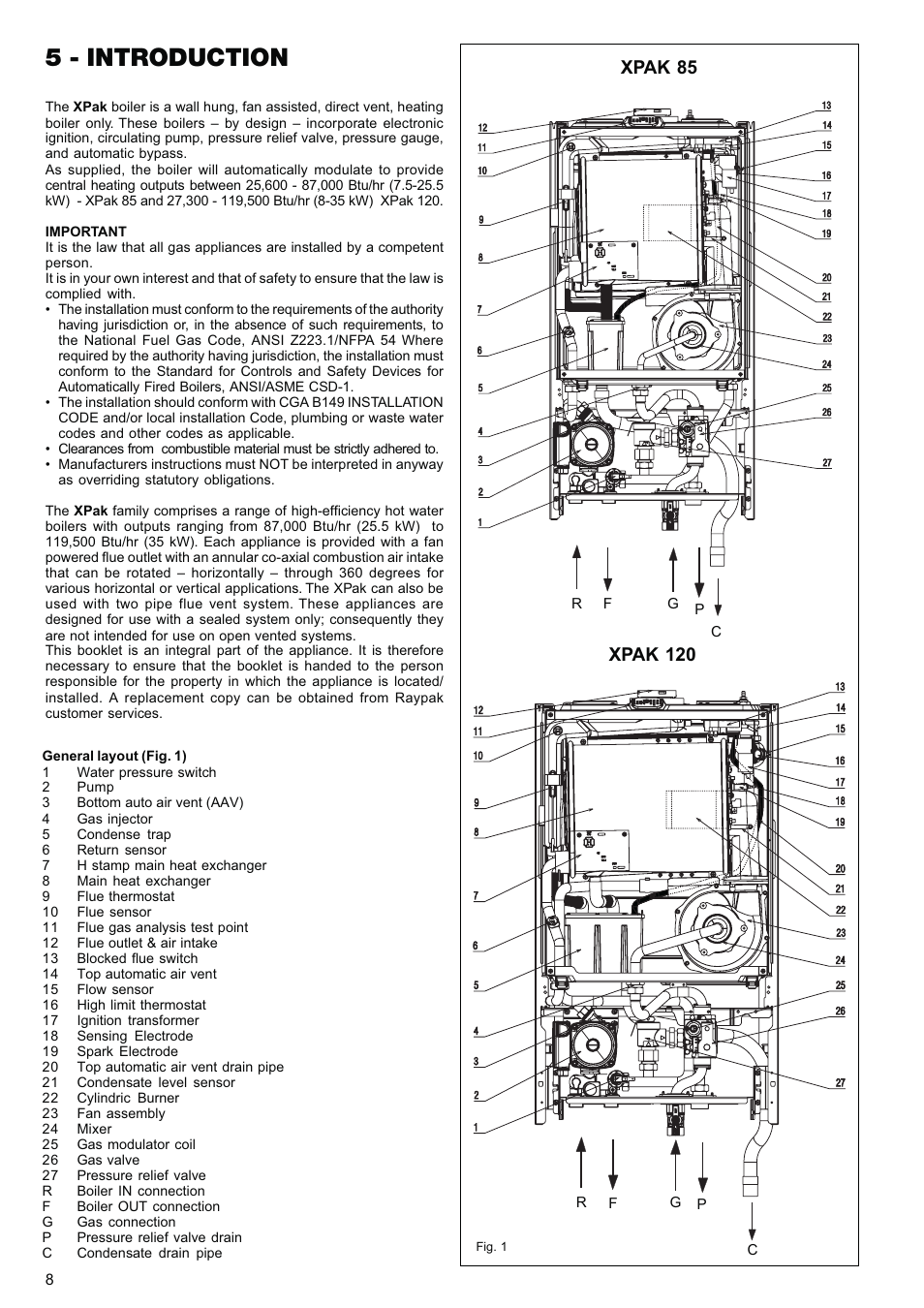 5 - introduction, Xpak 85, Xpak 120 | Raypak XPAK 85 User Manual | Page 8 / 68