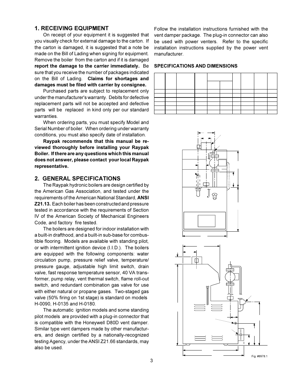 Receiving equipment, General specifications | Raypak 0180B User Manual | Page 3 / 38