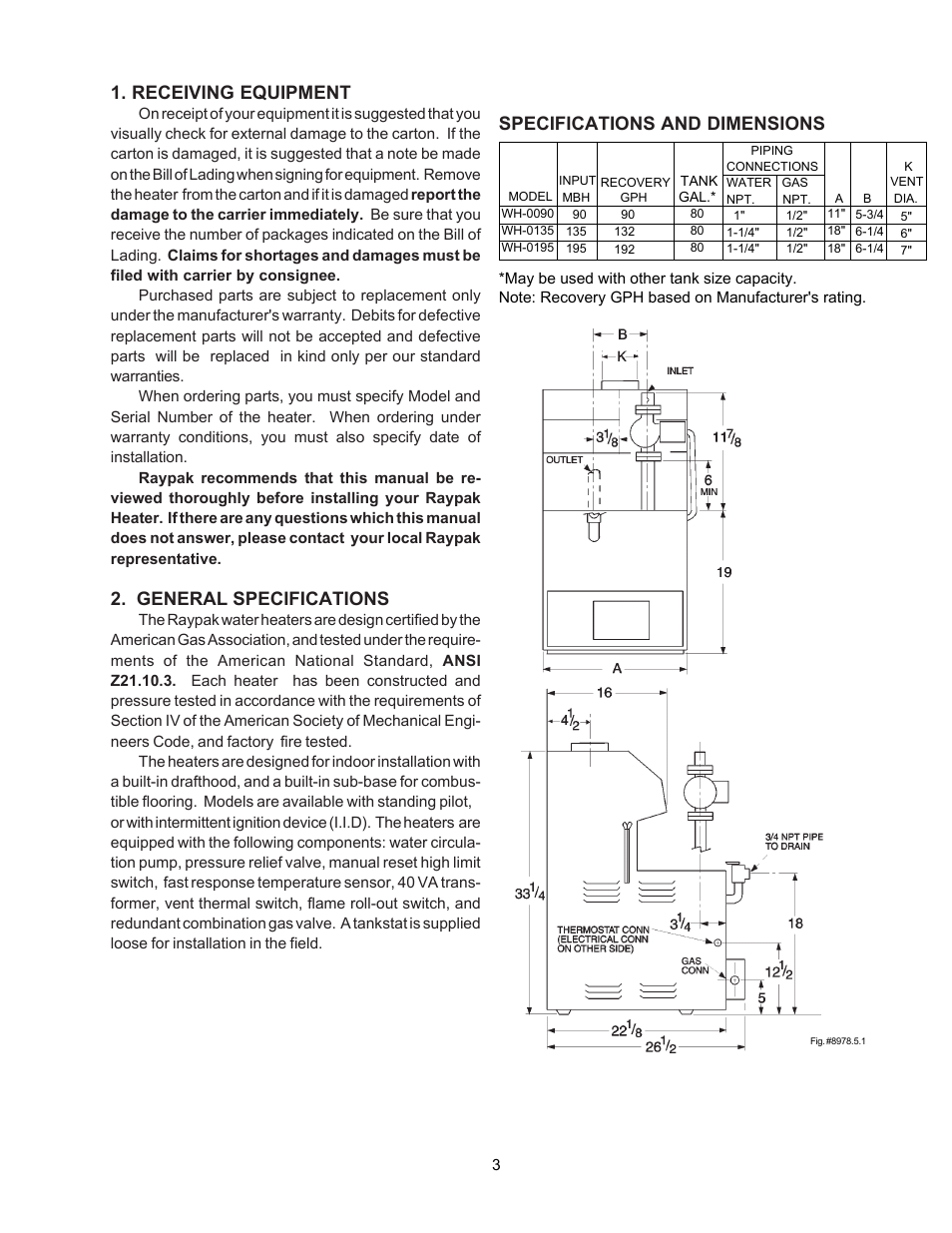Receiving equipment, General specifications, Specifications and dimensions | Raypak 135A User Manual | Page 3 / 28
