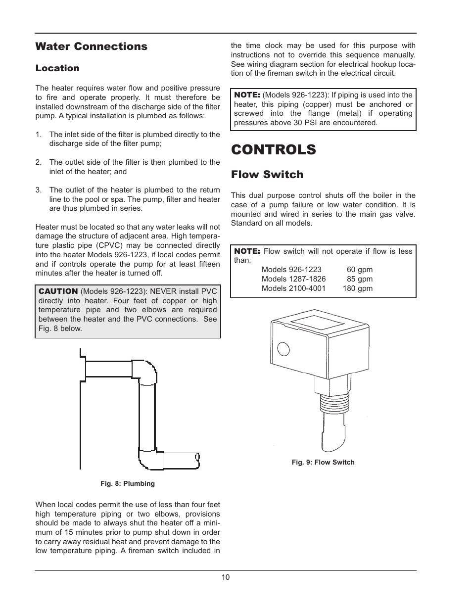 Water connections, Controls, Water pressure switch | Automatic chlorinators and chemical feeders, Automatic chlorinators and chemical, Feeders, Flow switch | Raypak RAYTHERM P-926 User Manual | Page 10 / 36