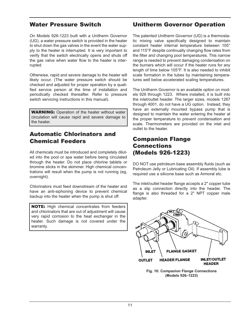 Unitherm governor operation, Companion flange connections, Water pressure switch | Automatic chlorinators and chemical feeders | Raypak RAYTHERM P-926 User Manual | Page 11 / 36