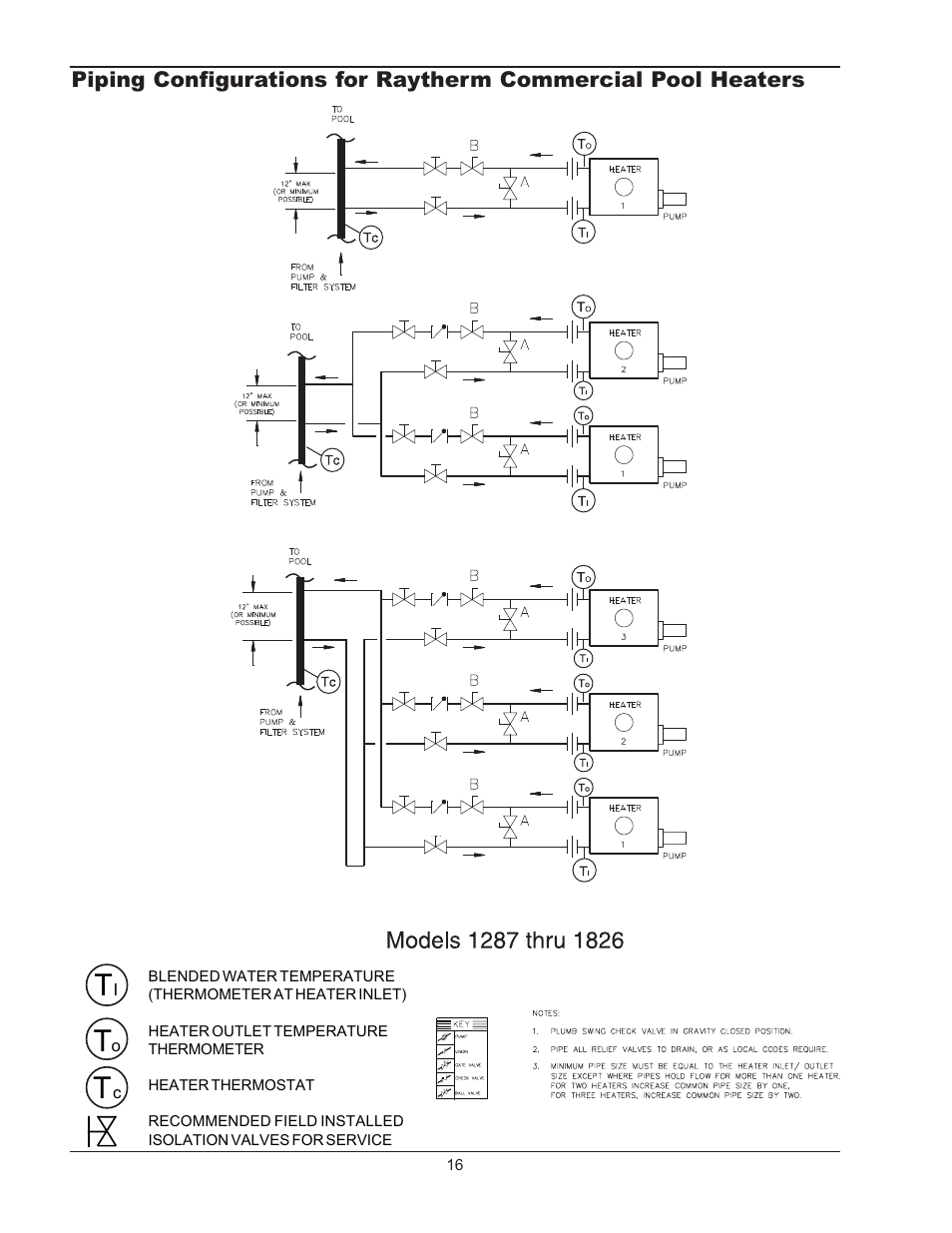 Piping configurations for raytherm, Commercial pool heaters (1287-1826) 16, Commercial pool heaters (2100-4001) 17 | Raypak RAYTHERM P-926 User Manual | Page 16 / 36