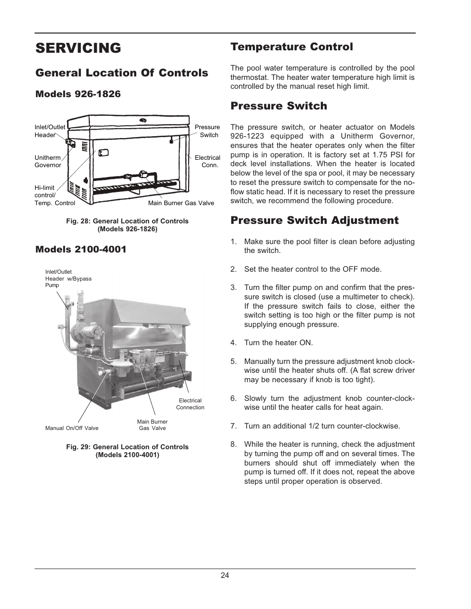 Two-speed pumps, Pilot safety, Start | Procedure, Before start-up, Start-up, Start-up procedures, Servicing, General location of controls, Temperature control | Raypak RAYTHERM P-926 User Manual | Page 24 / 36