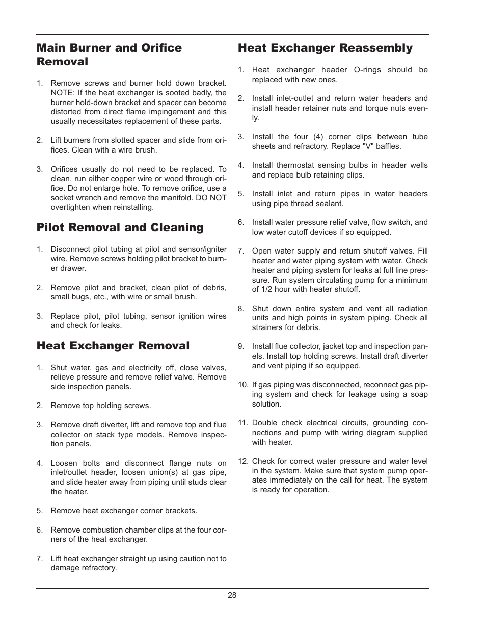 Combustion chamber removal, Control well replacement, Tube replacement procedure | Procedure for cleaning flue gas passageways, Procedure for cleaning flue gas, Passageways, Main burner and orifice removal, Pilot removal and cleaning, Heat exchanger removal, Heat exchanger reassembly | Raypak RAYTHERM P-926 User Manual | Page 28 / 36