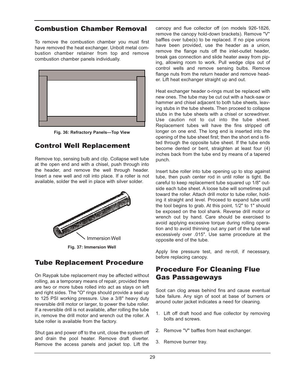 Unitherm governor replacement, Combustion chamber removal, Control well replacement | Tube replacement procedure, Procedure for cleaning flue gas passageways | Raypak RAYTHERM P-926 User Manual | Page 29 / 36