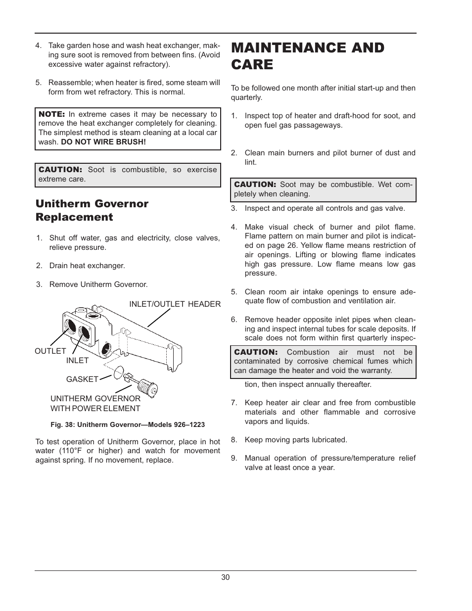 Maintenance and care, Unitherm governor replacement | Raypak RAYTHERM P-926 User Manual | Page 30 / 36