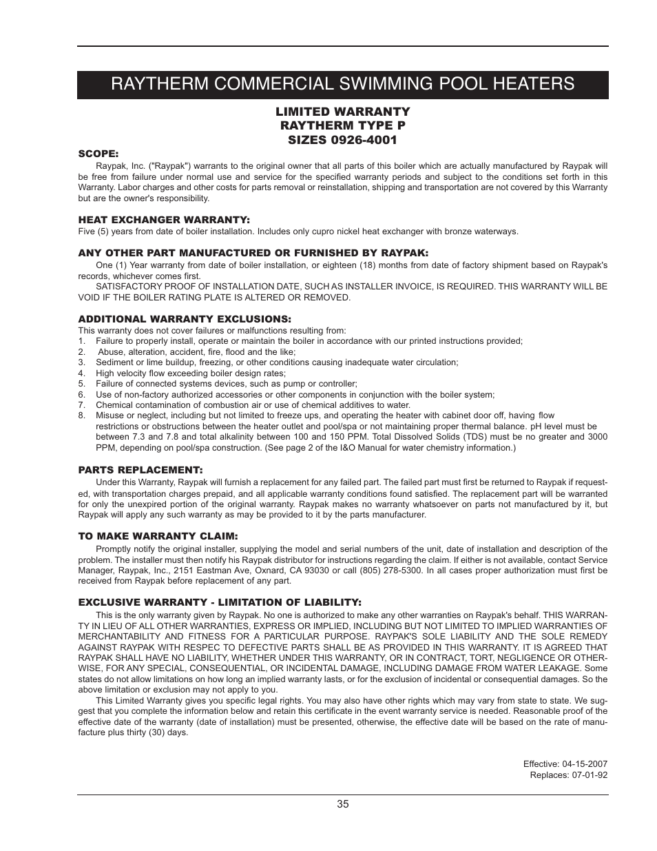 Raytherm commercial swimming pool heaters | Raypak RAYTHERM P-926 User Manual | Page 35 / 36