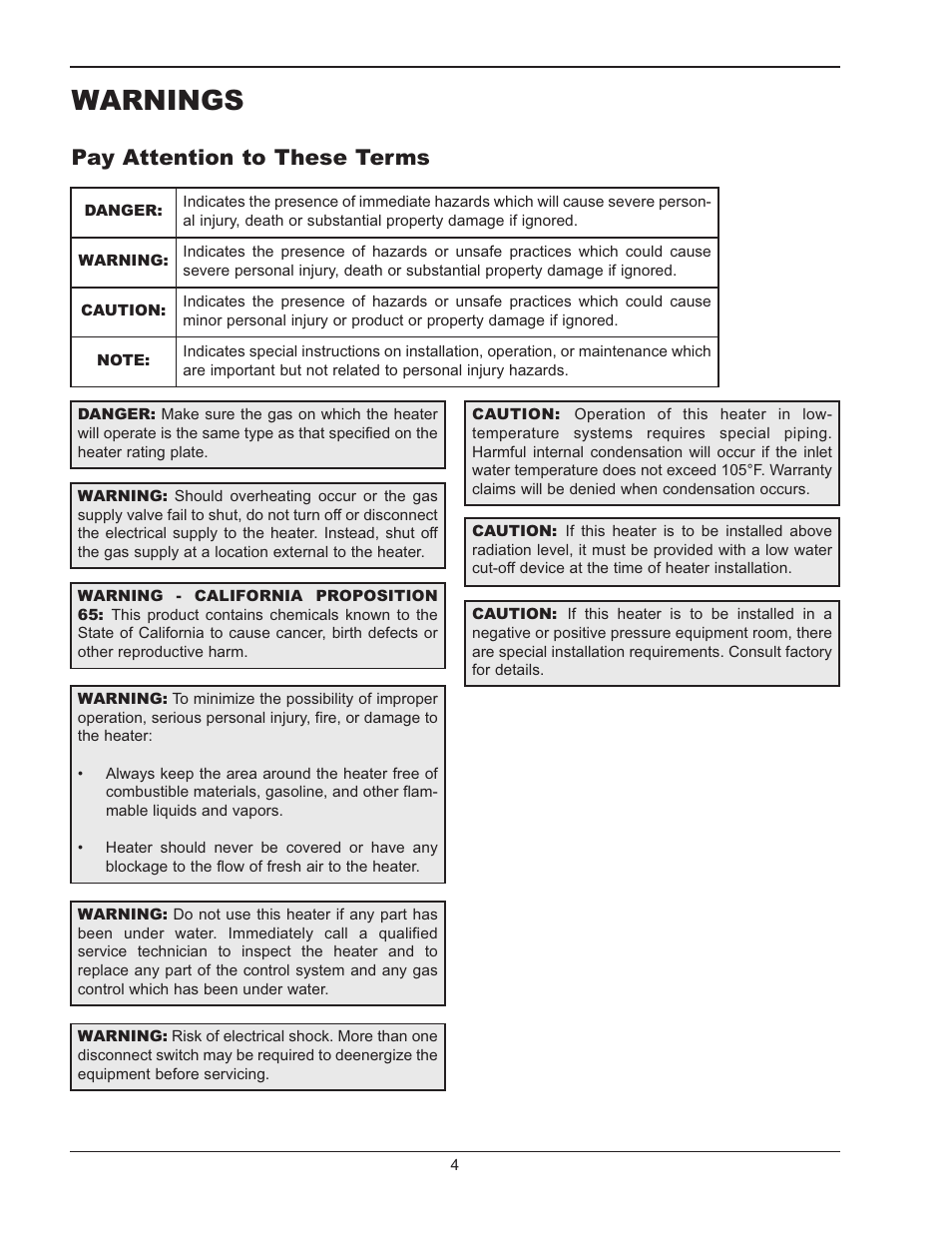 Warnings, Pay attention to these terms | Raypak RAYTHERM P-926 User Manual | Page 4 / 36