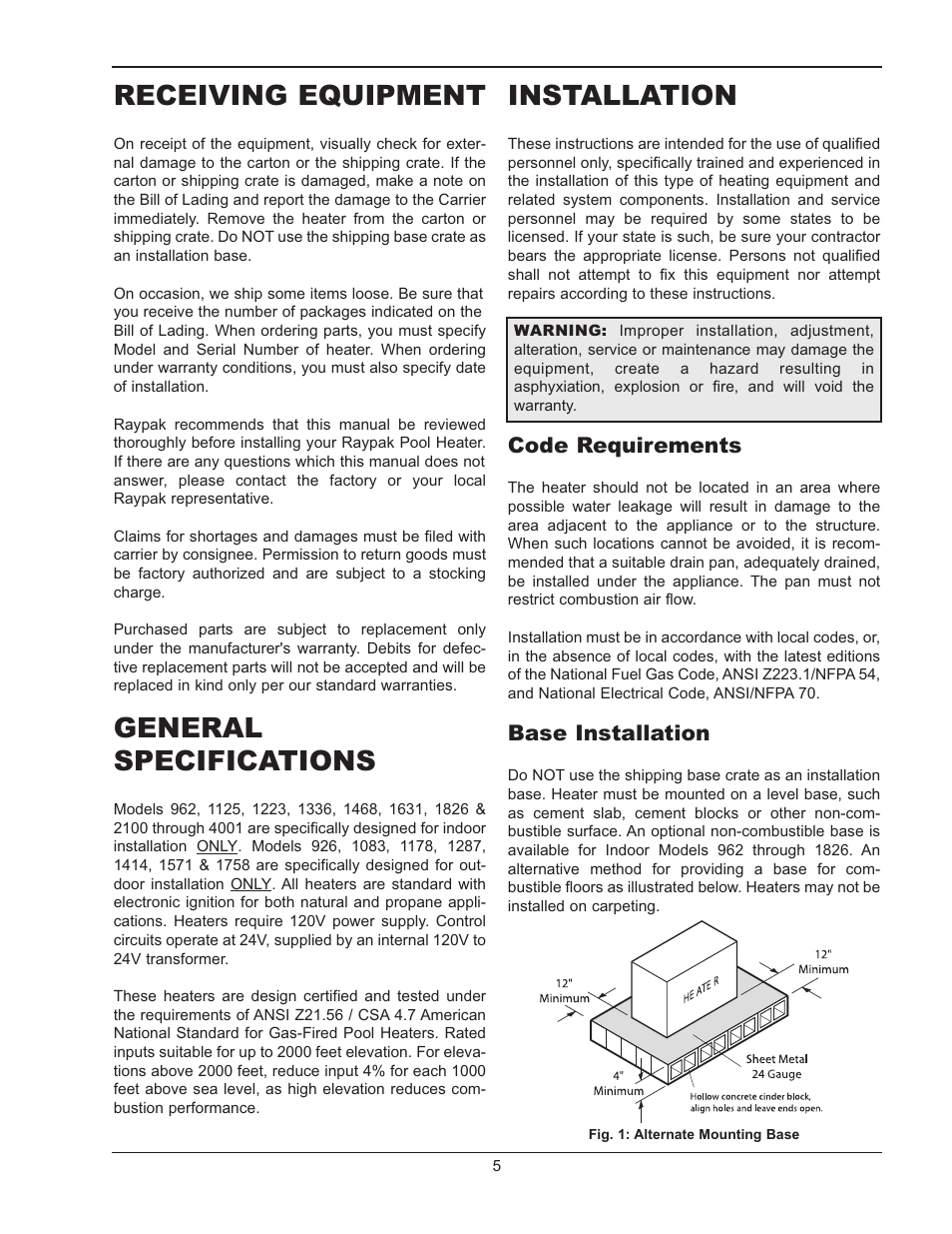 Receiving equipment, General, Installation | Code requirements, Base installation, General specifications | Raypak RAYTHERM P-926 User Manual | Page 5 / 36