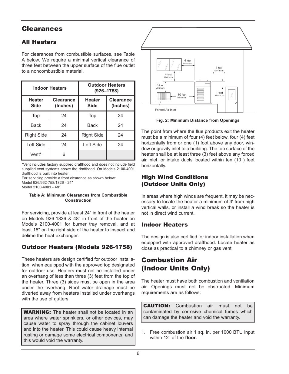 Clearances, Combustion ai, Indoor units only) | Combustion air (indoor units only) | Raypak RAYTHERM P-926 User Manual | Page 6 / 36